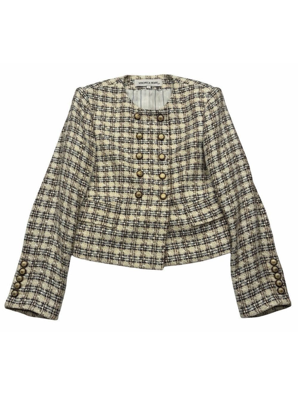 Veronica Beard Bentley Tweed Crop Jacket Beige Check Size US 8